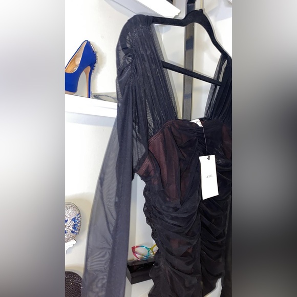 A.L.C Womens Black Mesh Ruched Lined Long Sleeve V Neck Party Top - Picture 9 of 11